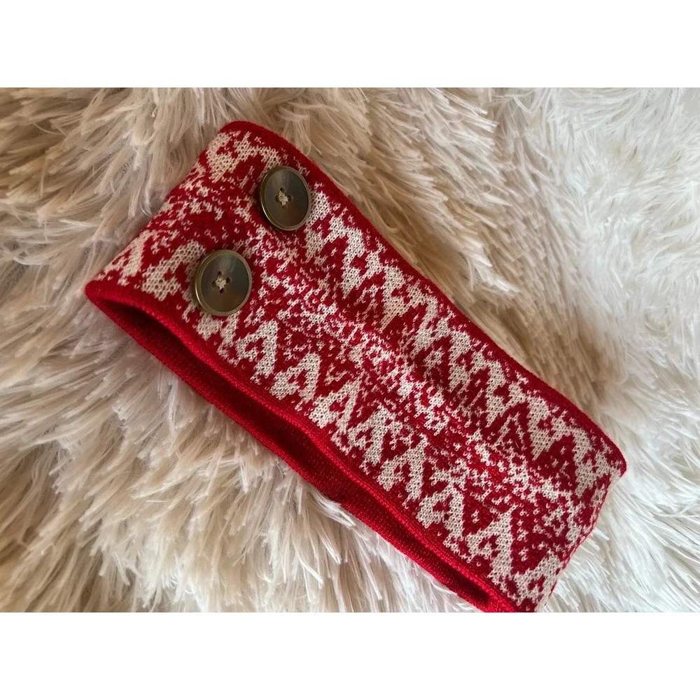 Simply Noelle Headband OS Christmas Red White Knit Fair Isle Button Ear Warmer